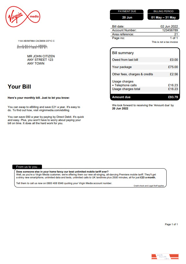 United Kingdom Virgin Media utility bill, Word and PDF template